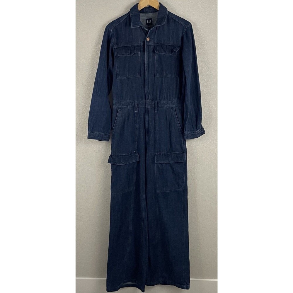 Gap Womens 6 Tall Denim Jumpsuit Utility Pockets Wide Leg Zip Front Long Sleeve